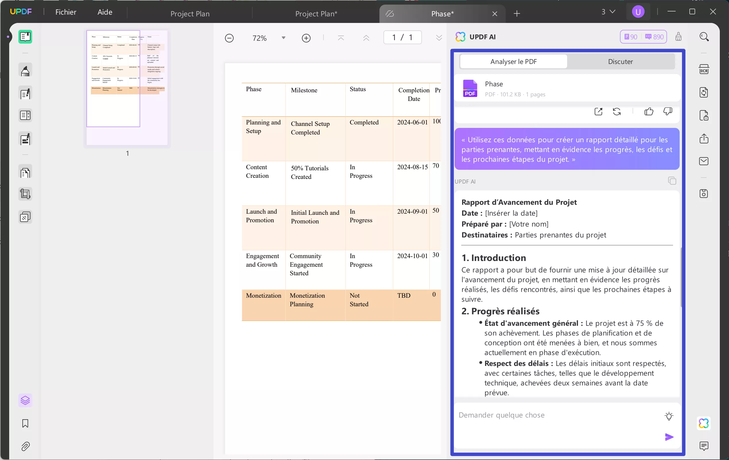 Créez un rapport d'avancement à partir des données avec l'assistant AI d'UPDF.