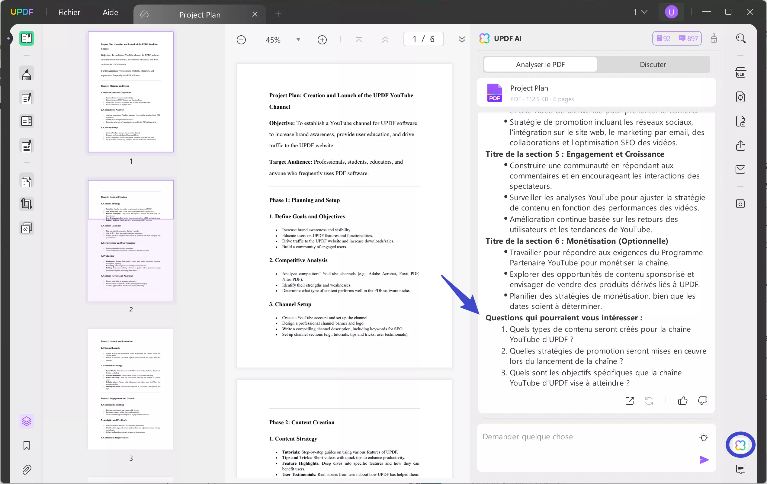 Utilisez les questions suggérées avec l'assistant IA de l'UPDF