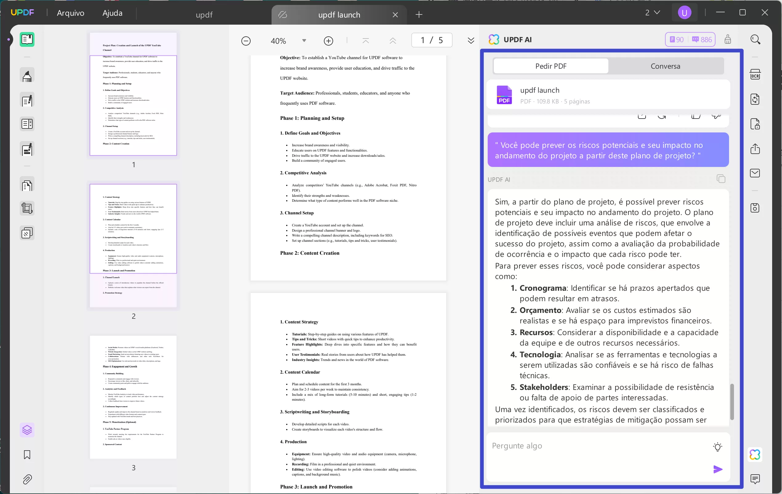 Peça à UPDF AI para prever os riscos do projeto com o Assistente de IA da UPDF