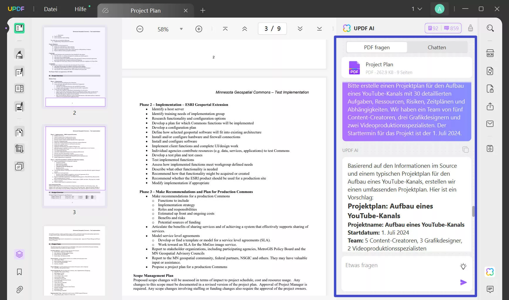 Nutzen Sie UPDF AI, um mit dem AI-Assistenten von UPDF einen Projektplan zu erstellen.