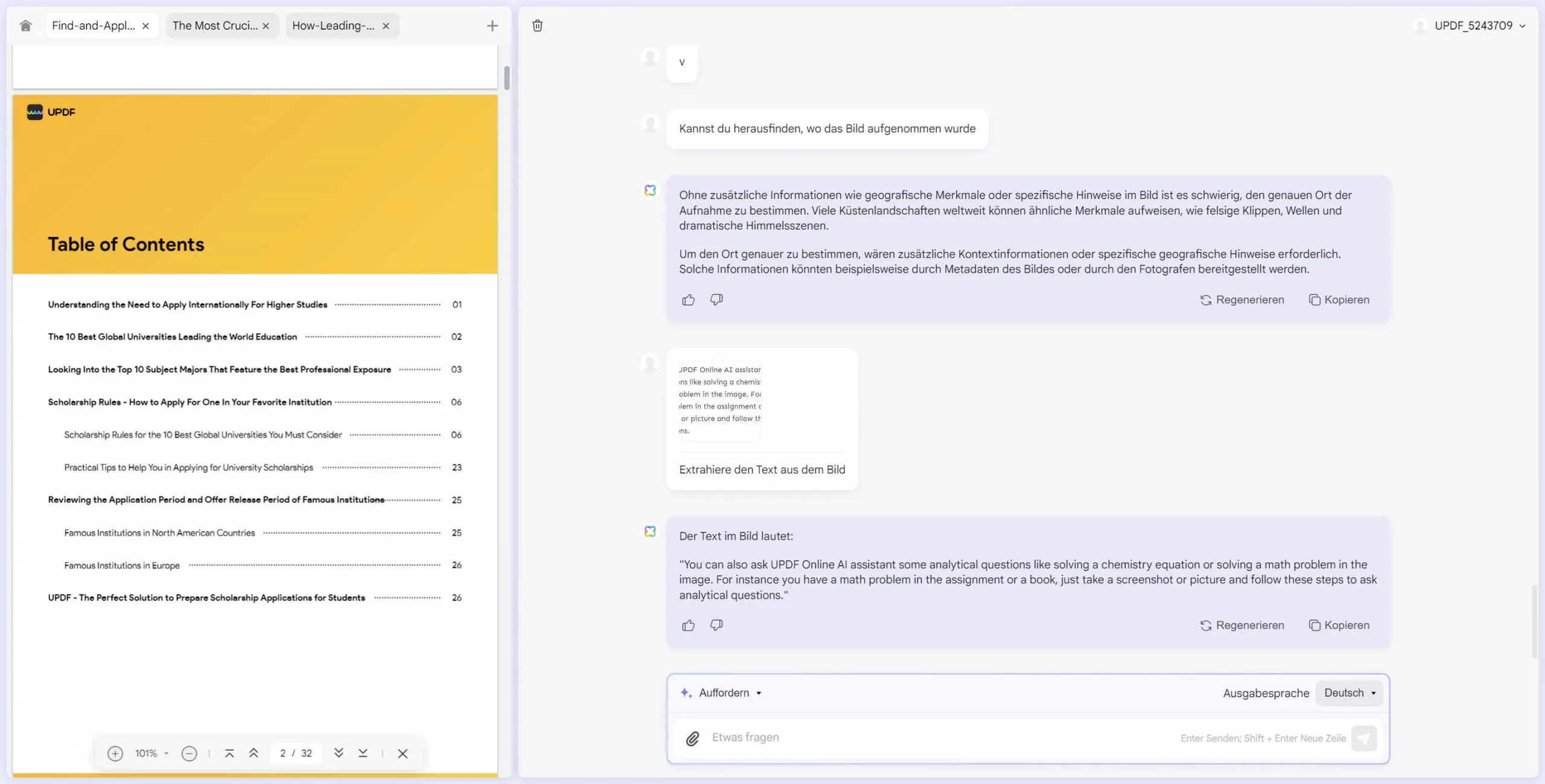 Mit einem Bild chatten, Text aus Bild extrahieren mit dem Online-AI-Assistenten von UPDF
