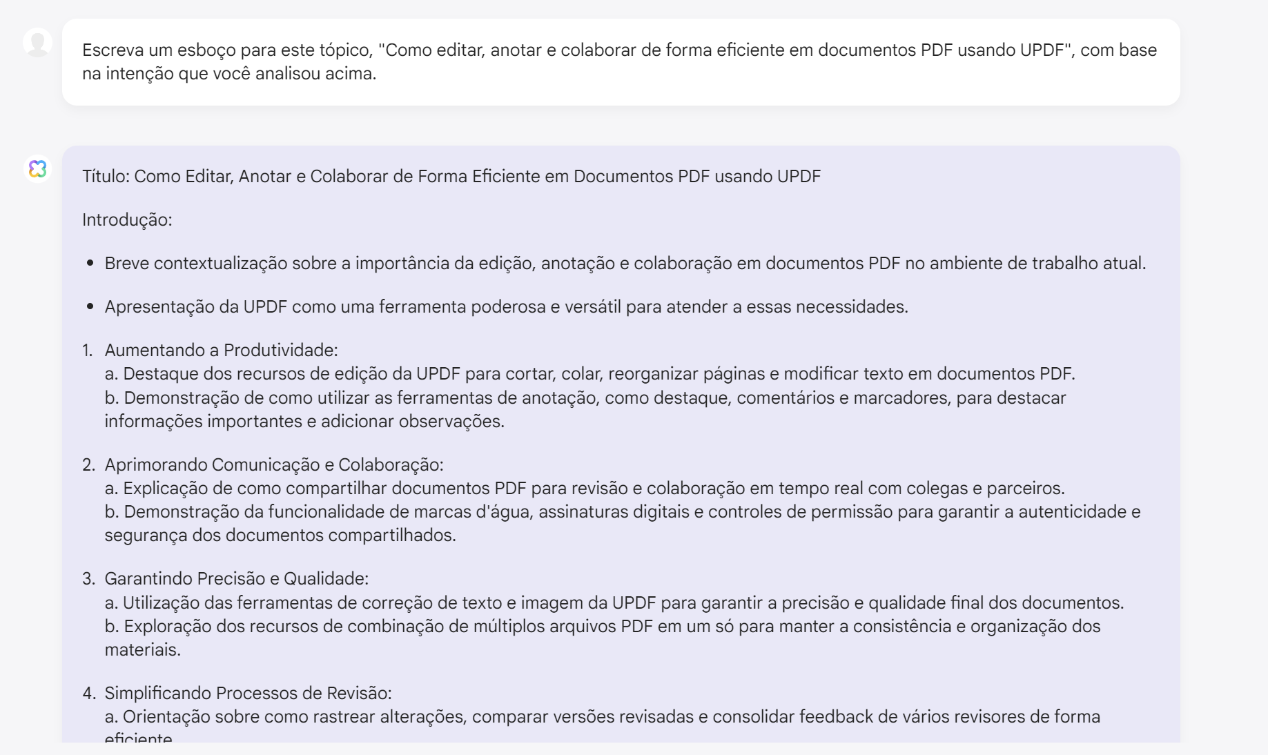 peça ao assistente de IA do updf para escrever um esboço.