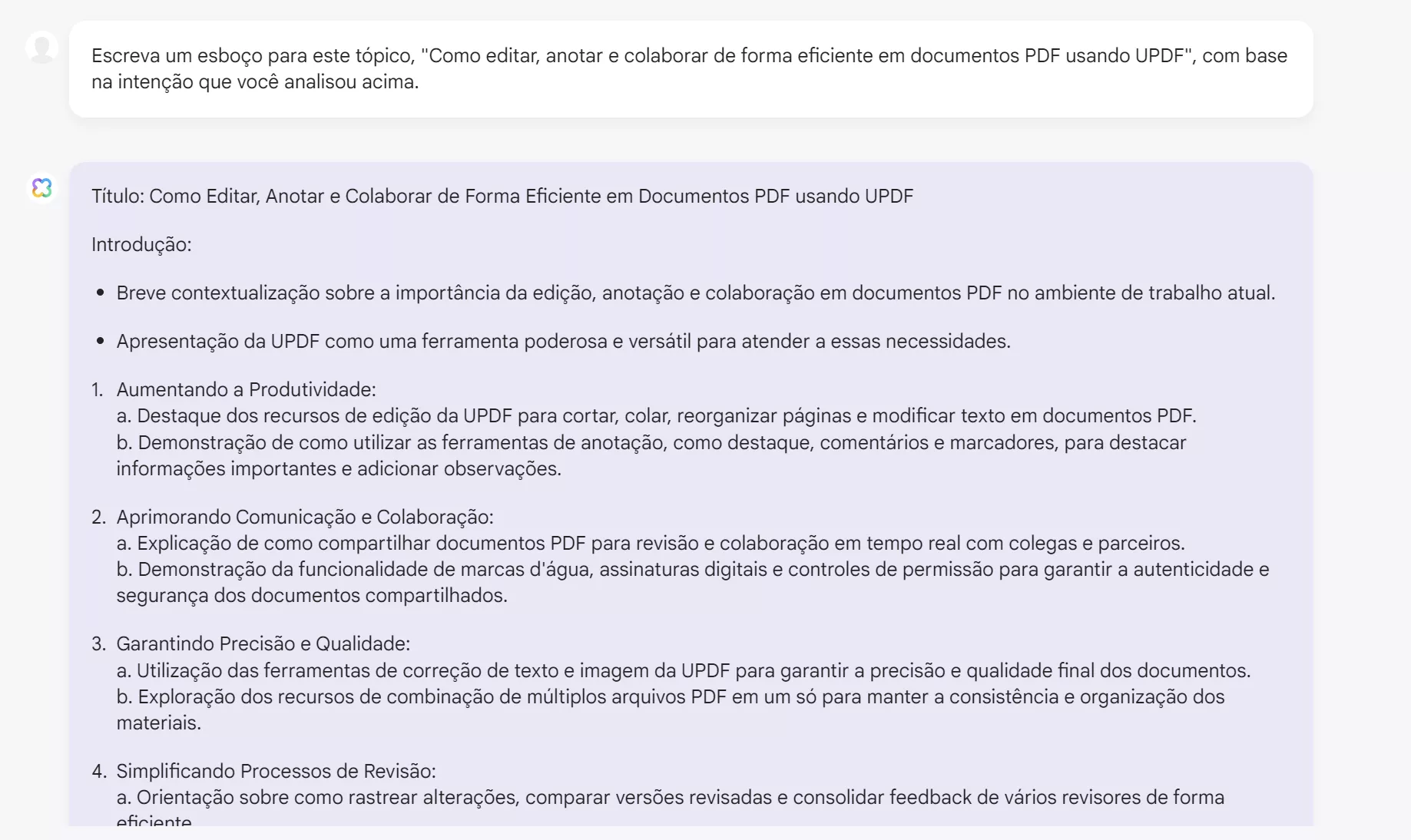 peça ao assistente de IA do updf para escrever um esboço.