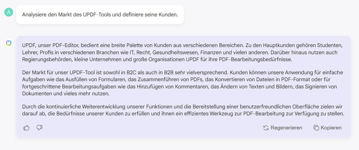 Geben Sie den Prompt ein, um den Markt mit dem AI-Assistenten von UPDF Online zu analysieren
