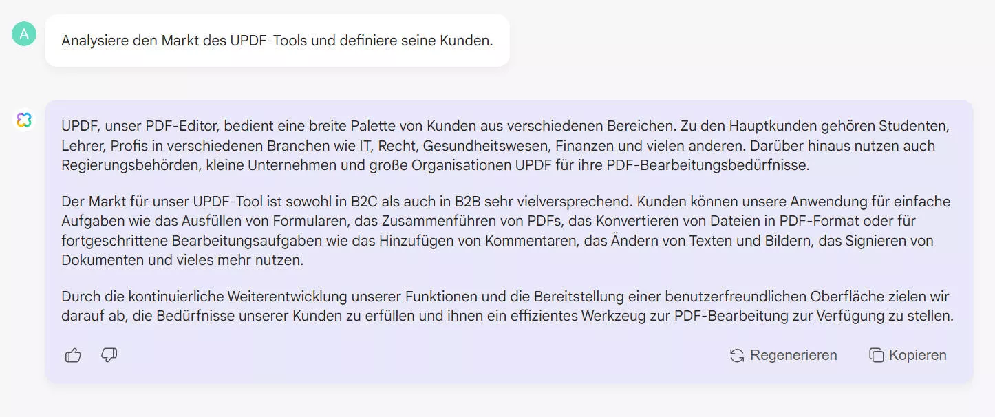 Geben Sie den Prompt ein, um den Markt mit dem AI-Assistenten von UPDF Online zu analysieren