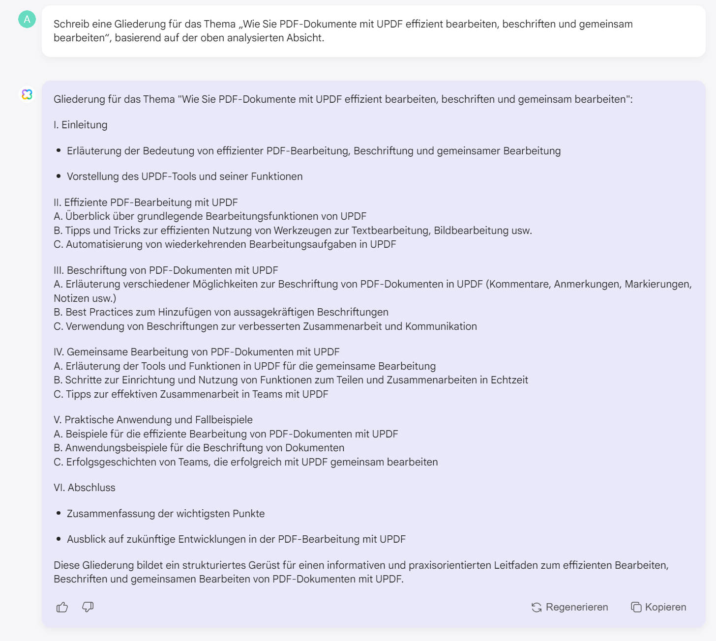 Bitten Sie den UPDF AI-Assistenten, eine Gliederung zu schreiben.