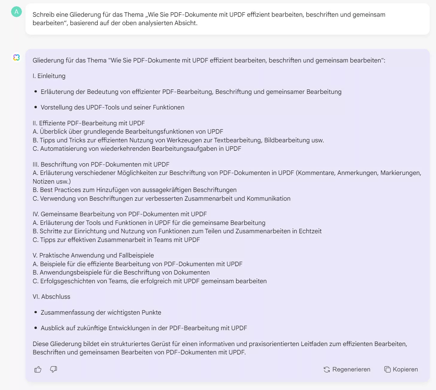 Bitten Sie den UPDF AI-Assistenten, eine Gliederung zu schreiben.