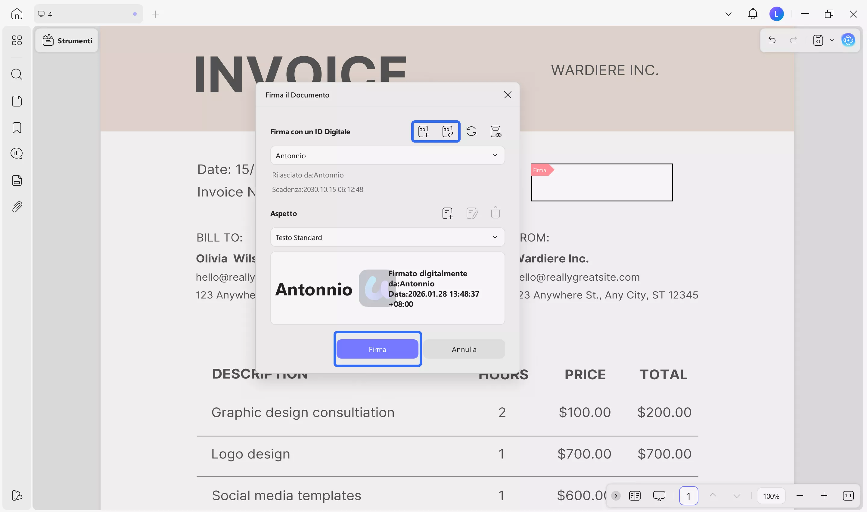 add a digital signature on pdf invoice