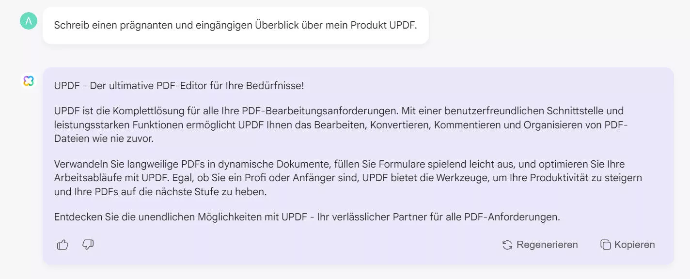 Wie Sie AI im Vertrieb einsetzen Bitten Sie den AI-Assistenten, die Produktübersicht mit UPDF zu schreiben.