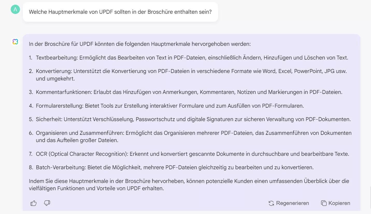 Wie Sie AI im Vertrieb einsetzen, fragen Sie den AI-Assistenten von UPDF nach den wichtigsten Funktionen.