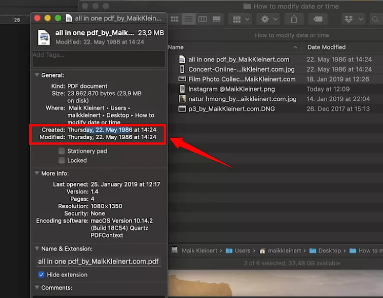 view the pdf creation and modification details on mac