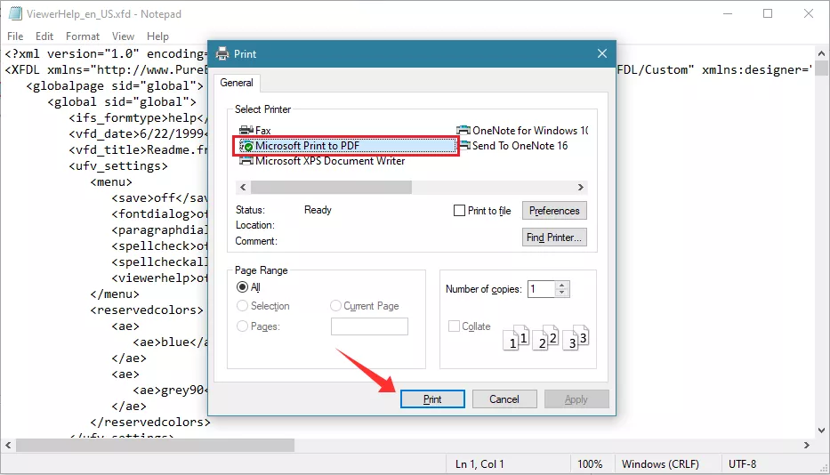 select Microsoft Print to PDF and click Print XFDL to PDF