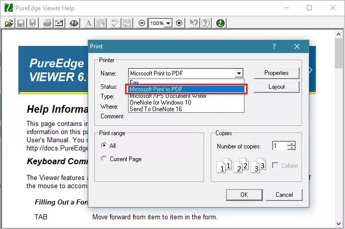 select Microsoft Print to PDF with pureedge