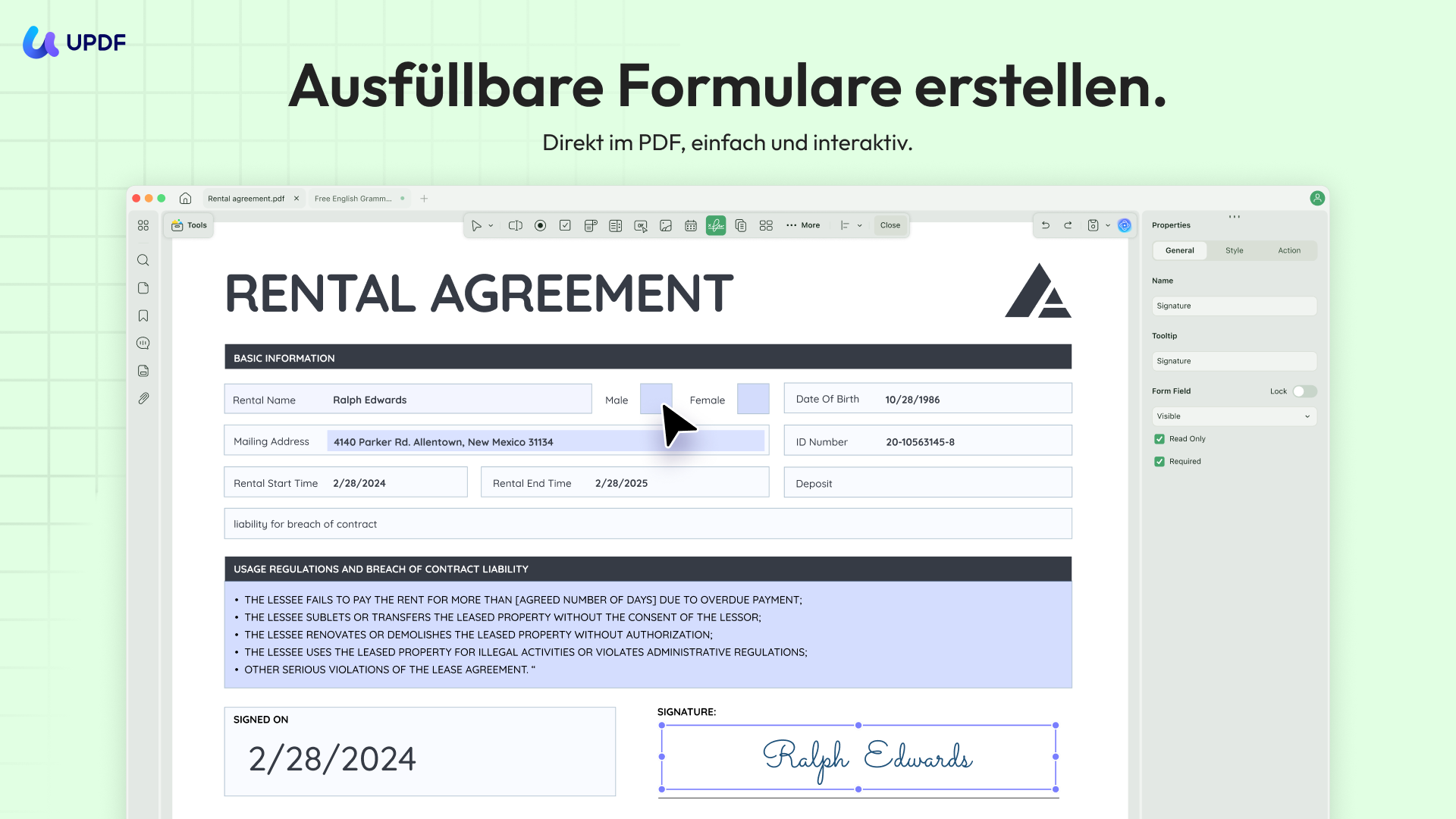 UPDF Formular erstellen