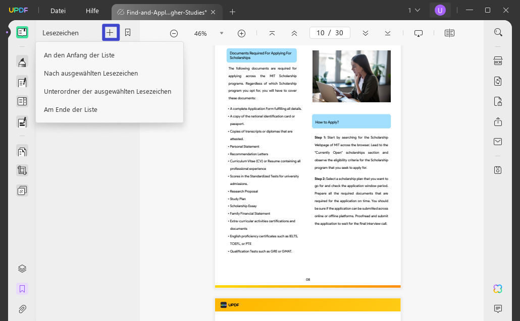 über Lesezeichen zur PDF-Seite springen