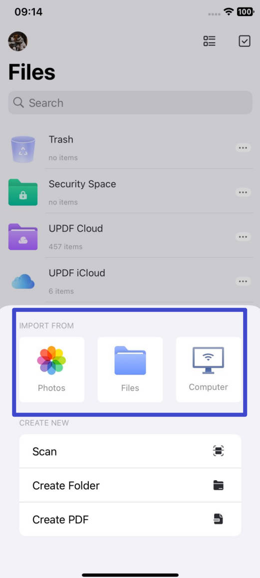 import the pdf file with updf for ios