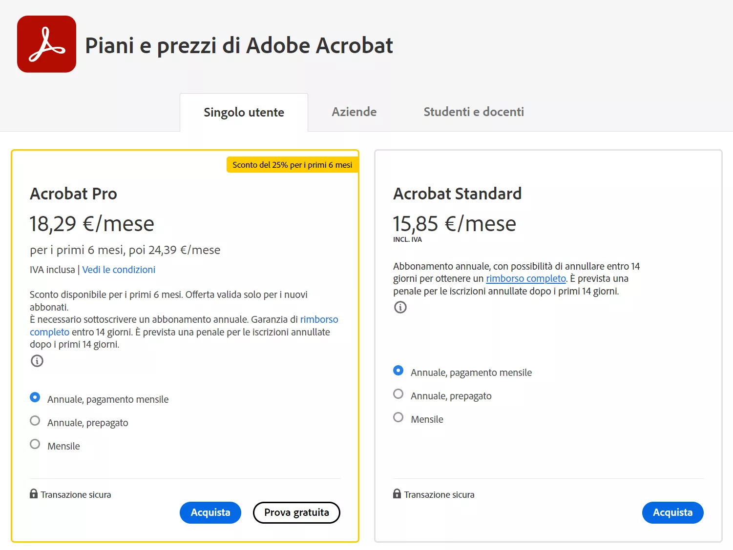 Prezzi di Adobe Acrobat