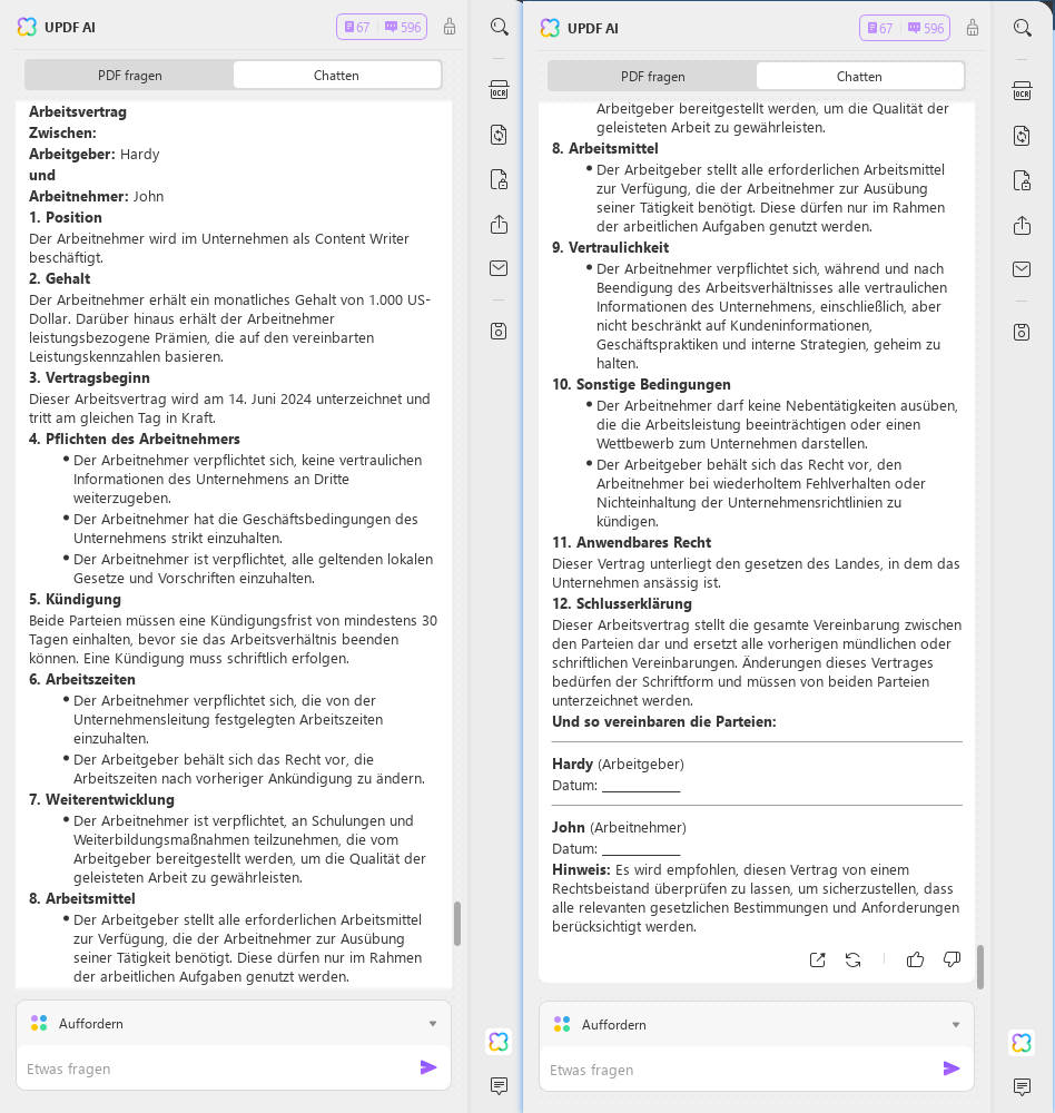 KI-Vertragsgenerator Eingabeaufforderung für Arbeitsvertrag