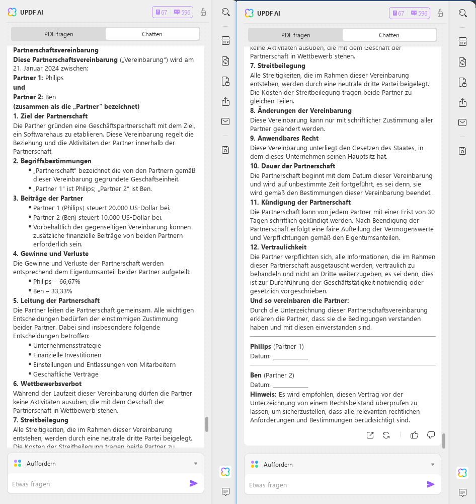 KI-Vertragsgenerator, Eingabeaufforderung für VPartnership-Verträge