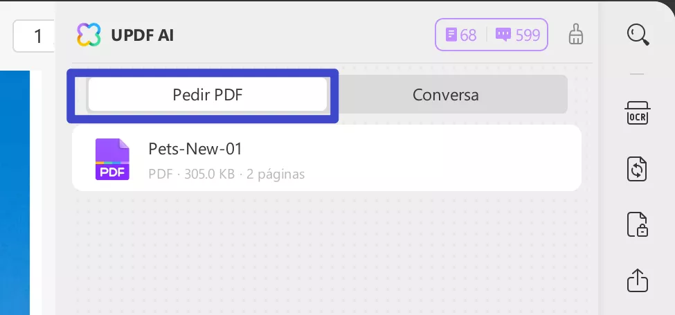 chat pdf online Clique na aba "Perguntar PDF" dentro do UPDF AI