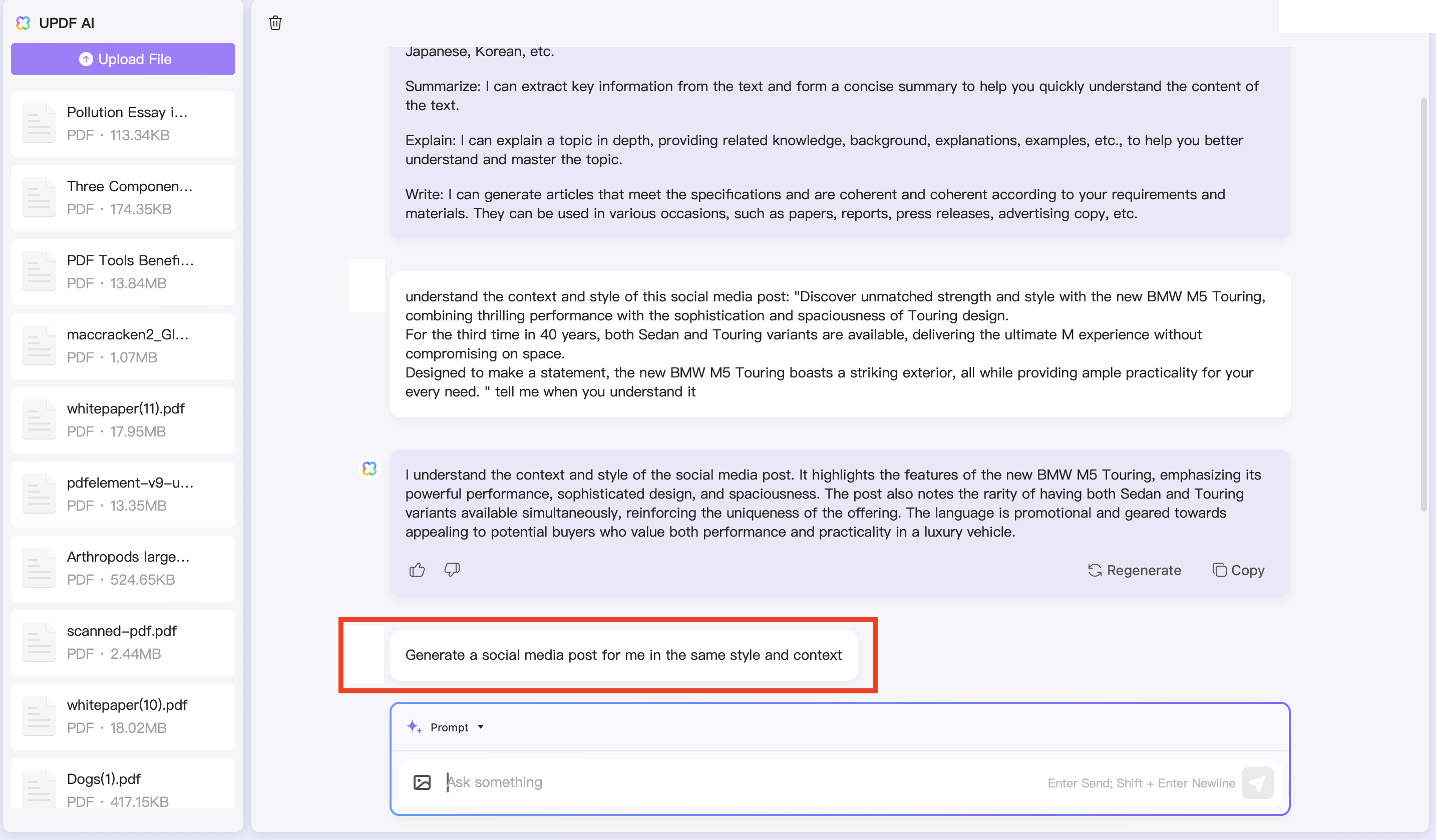 ask UPDF AI helps you generate the post in the same style.