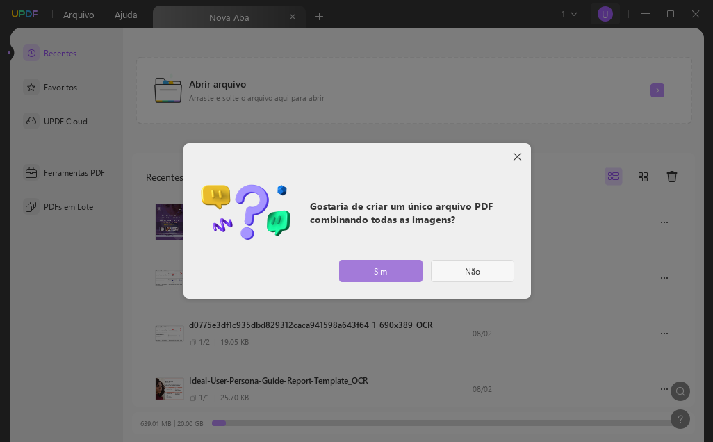 selecione para combinar todas as imagens em um PDF com UPDF