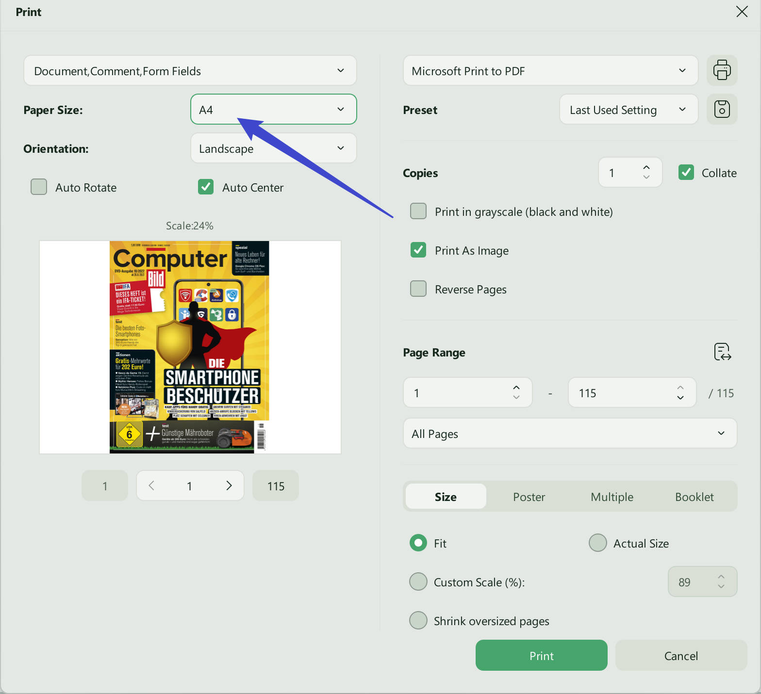 select paper size to print pdf in batch with updf