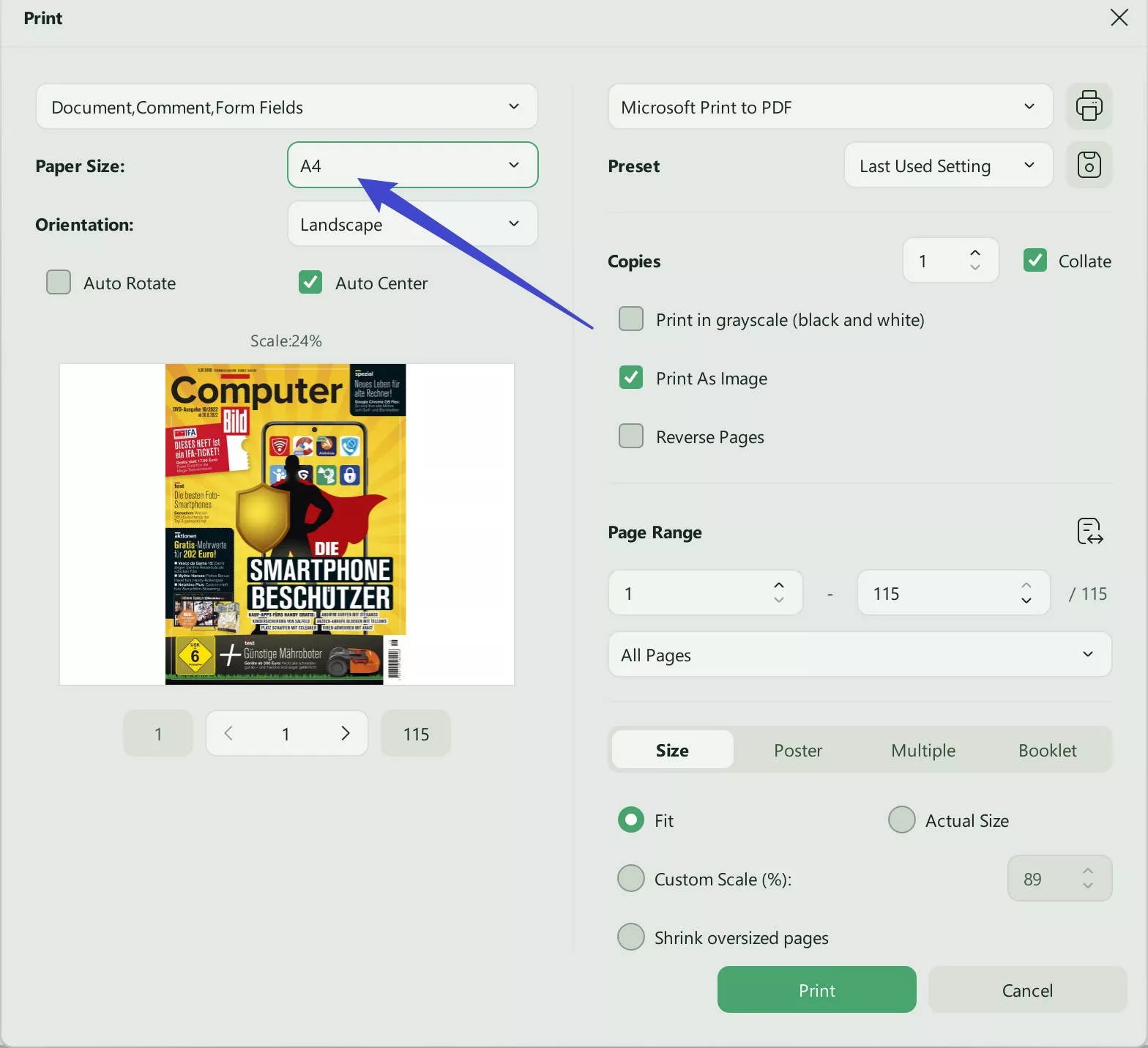 select paper size to print pdf in batch with updf