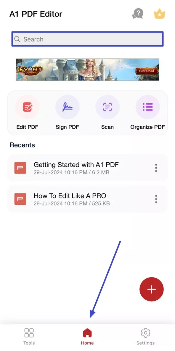 look for pdf in home tab