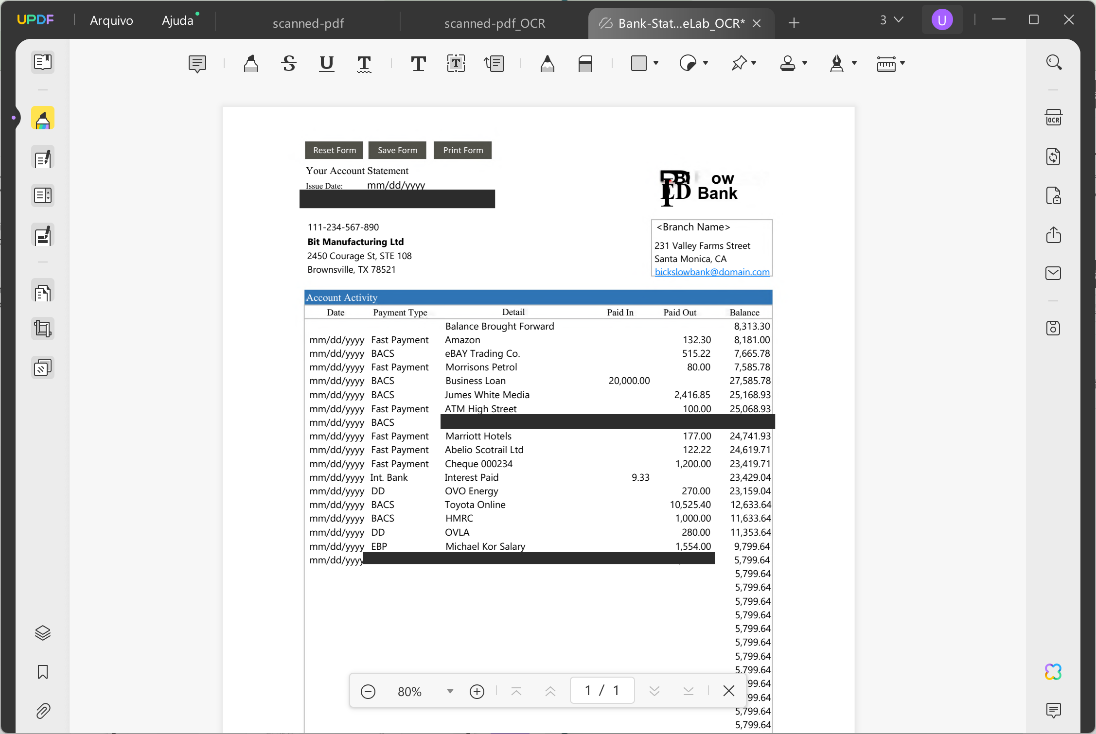 redigir extrato bancário anotar pdf