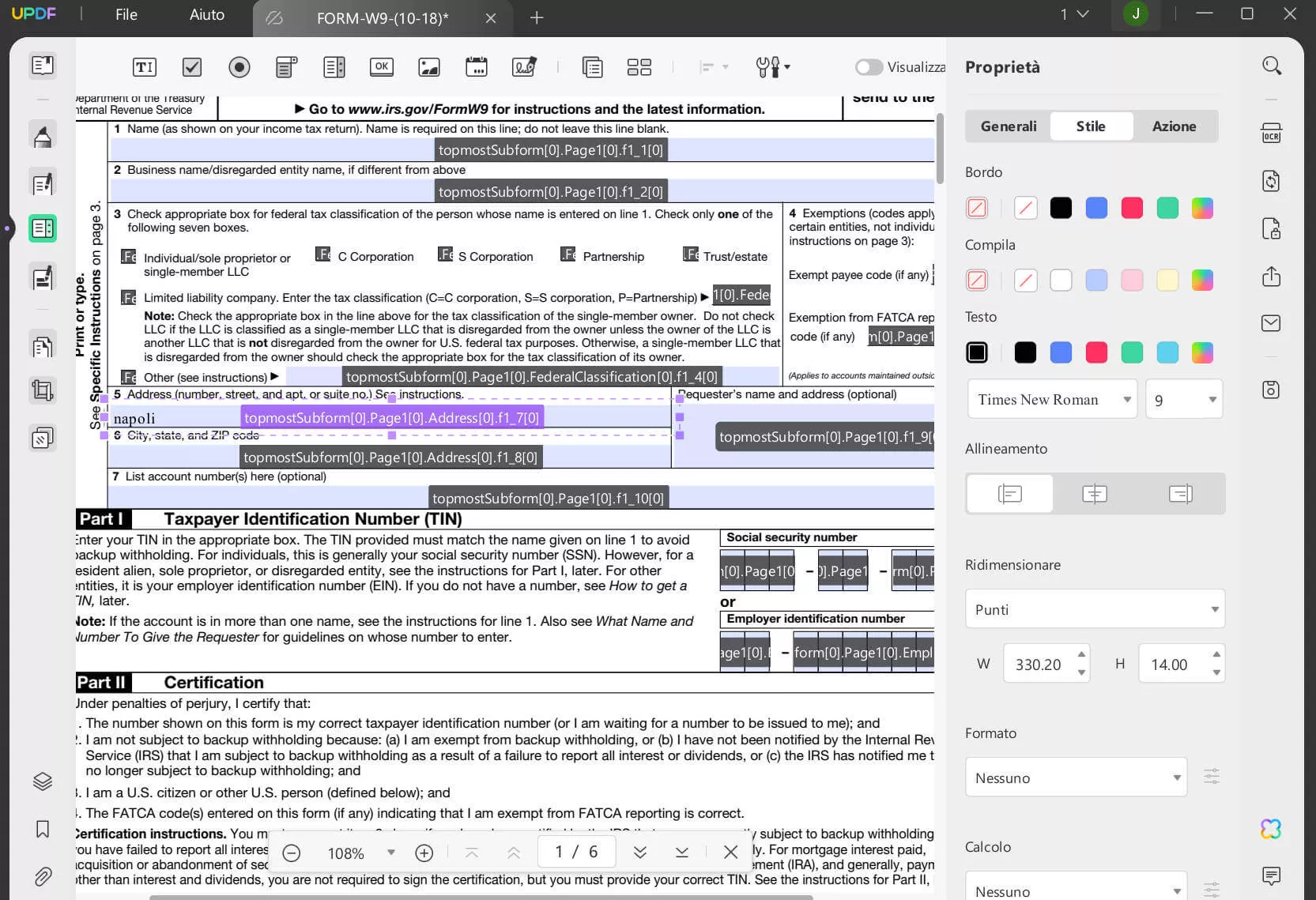 Cambiare il colore del carattere in un modulo PDF