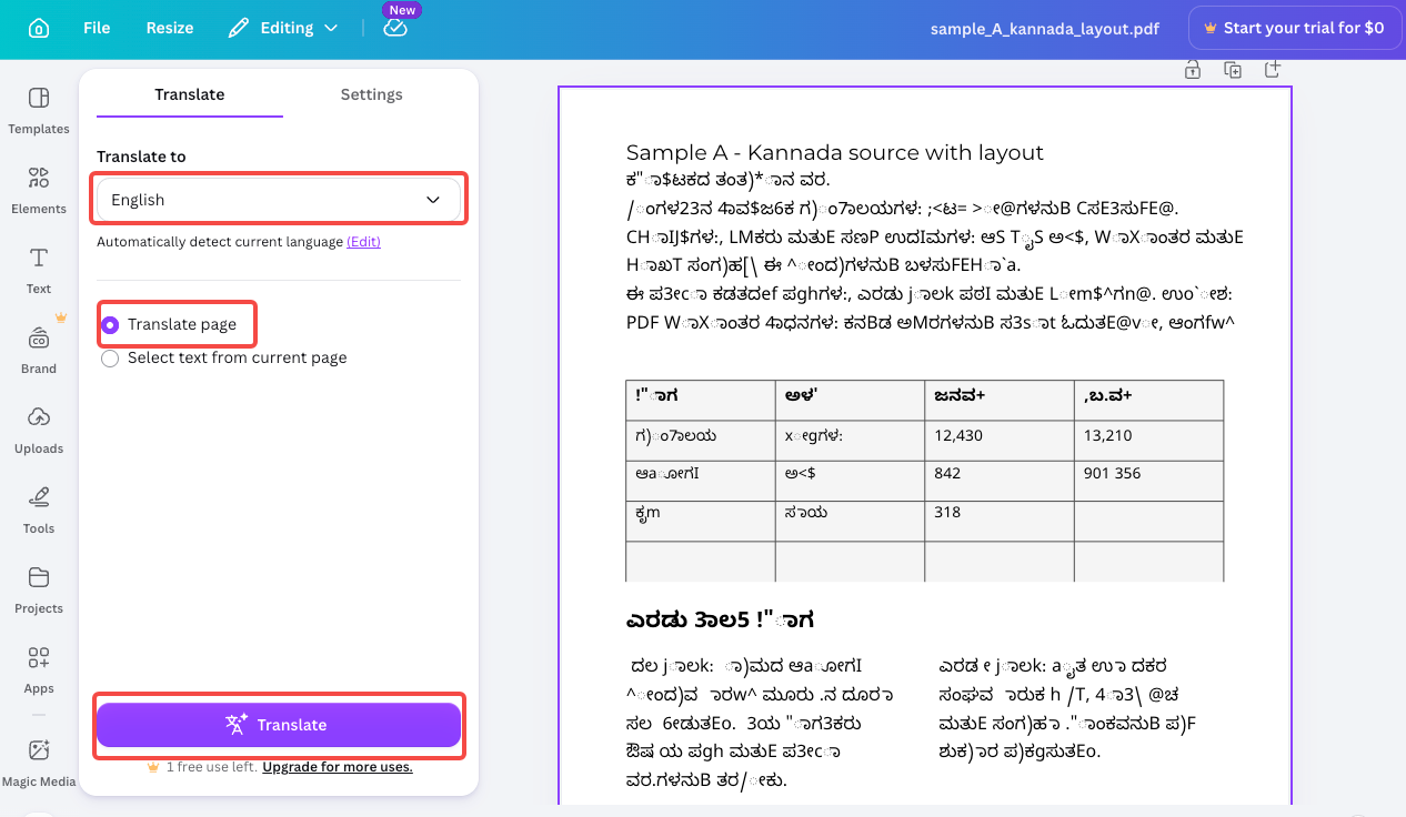 canva translate kannada to english
