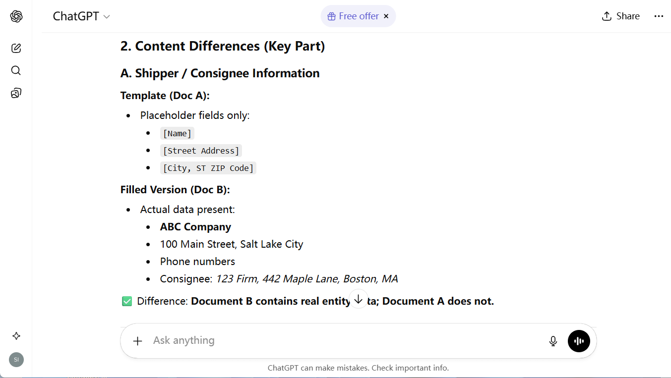 chatgpt shows the compare results