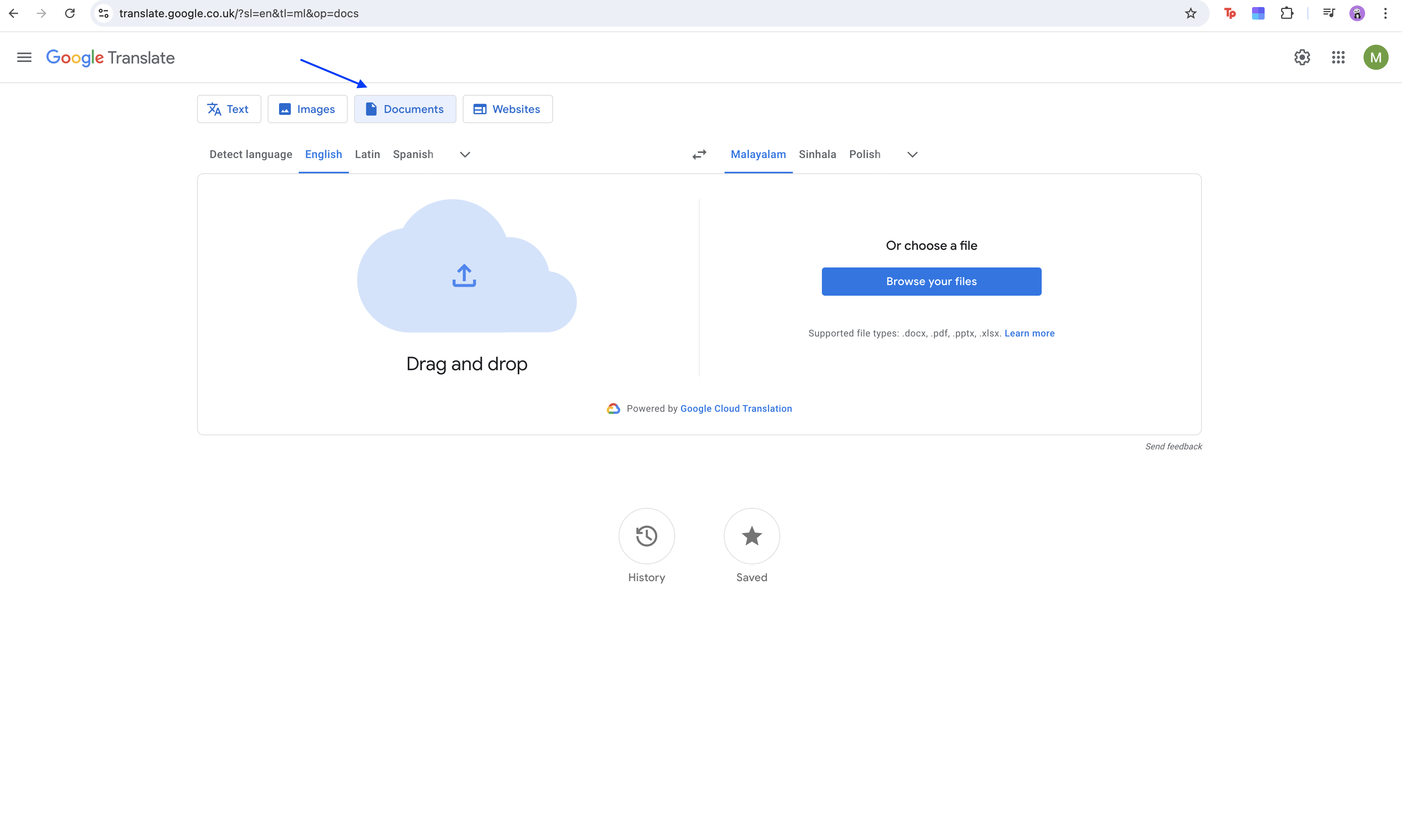 choose documents in google translate for Malayalam pdf to english
