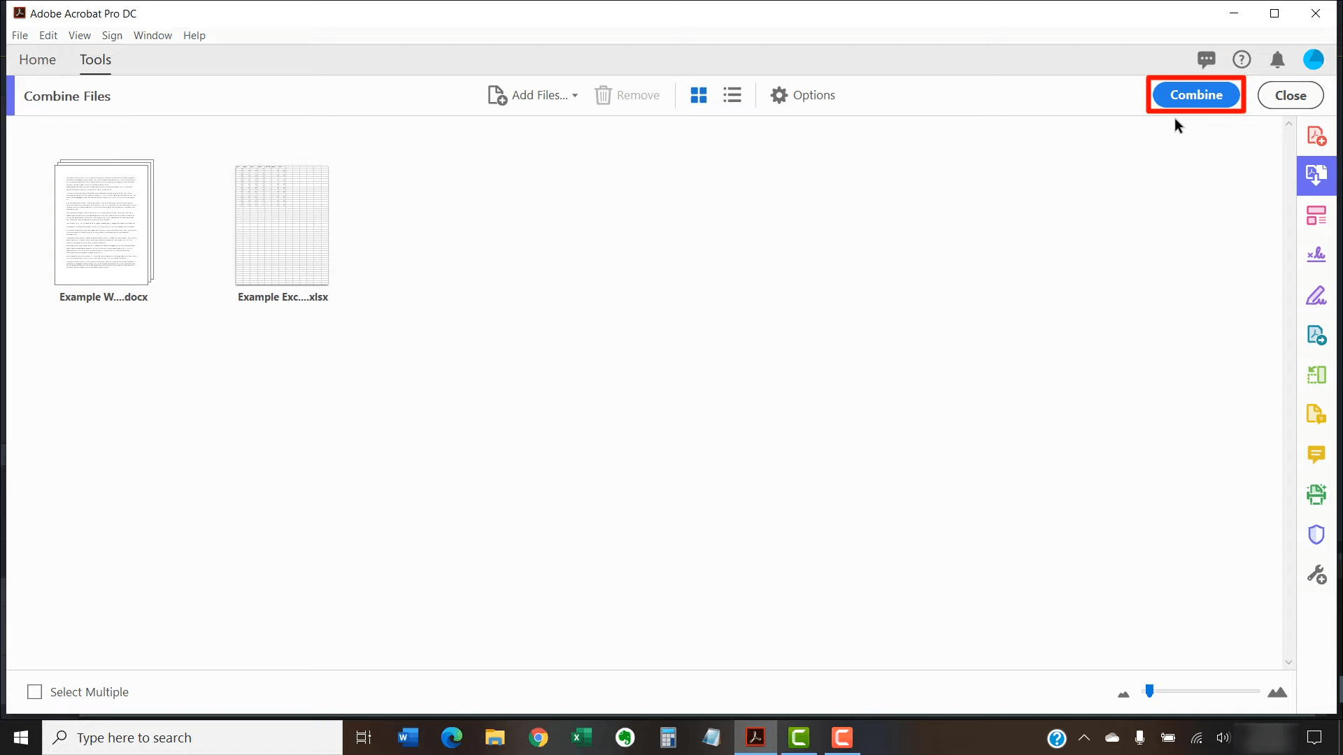 click combine to merge the split pdf with adobe