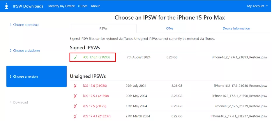 click on ios version in ipsw website