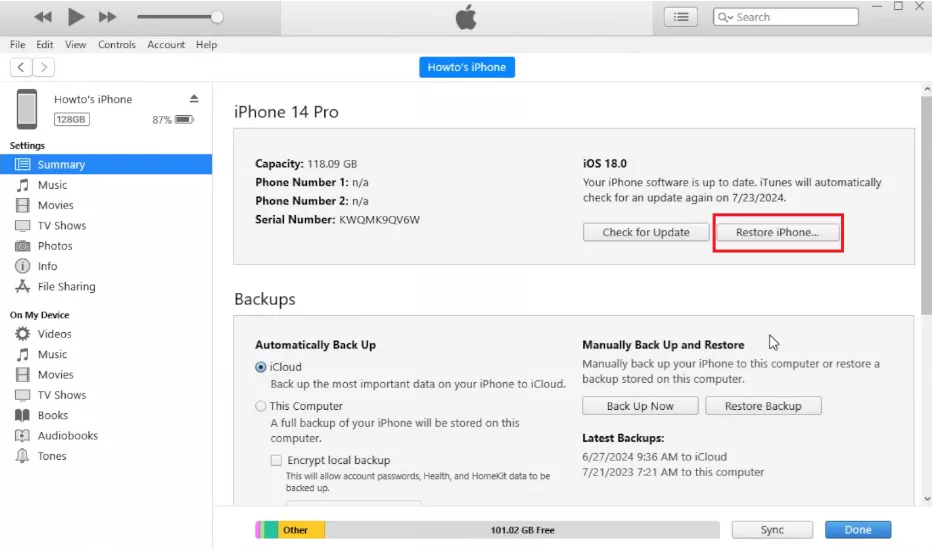 click on restore iphone in itunes