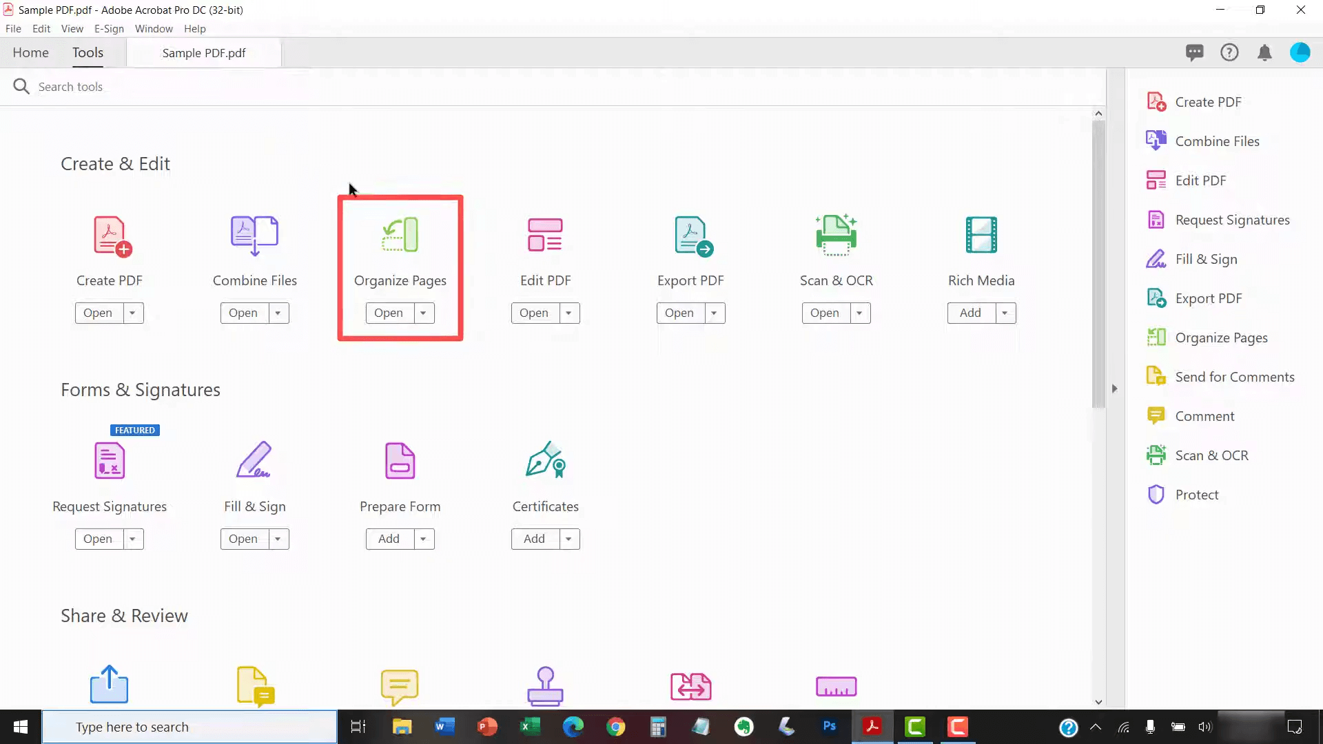 click organize pages in the tools menu