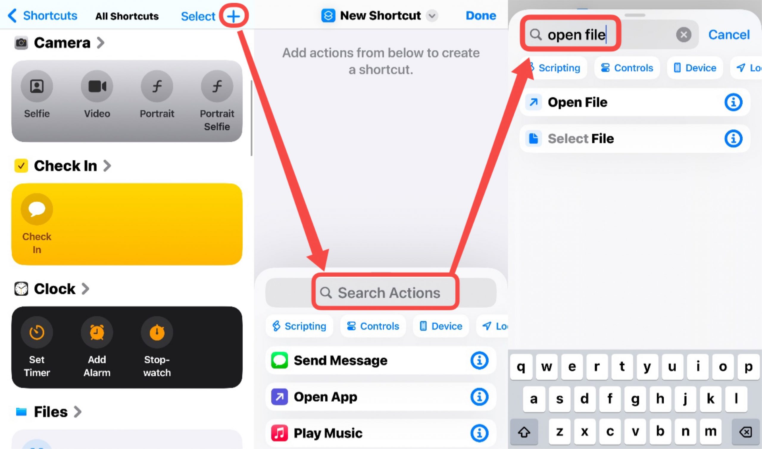 click the + button and add action in iphone