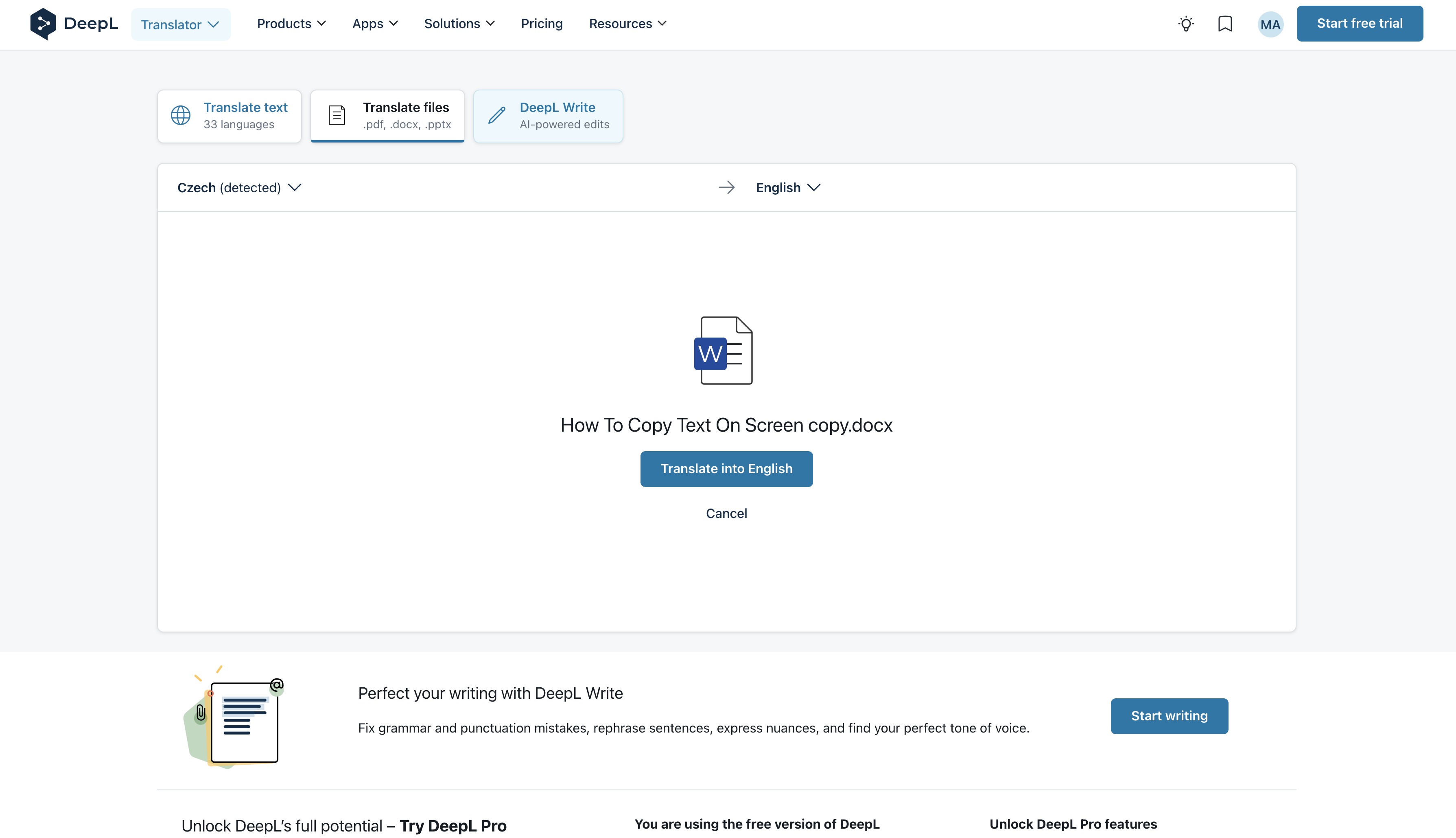 click translate into English with deepl