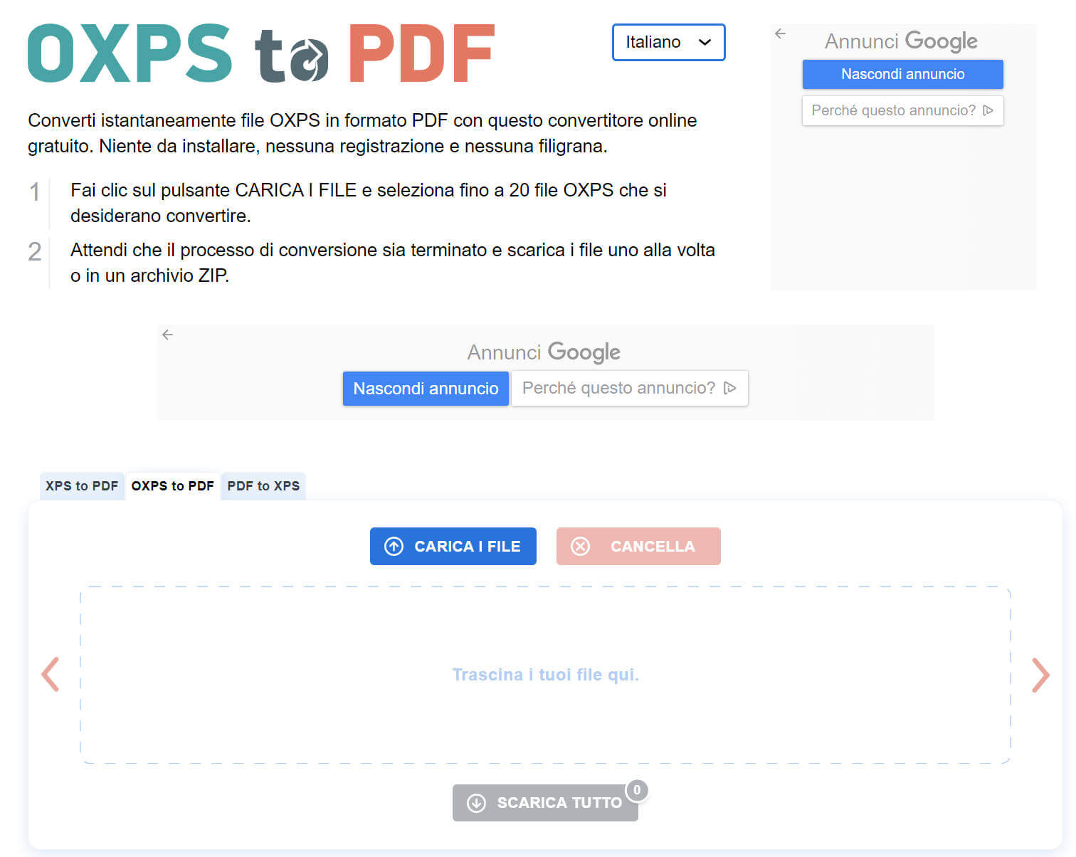 Convertire file OXPS in PDF online con OXPS to PDF
