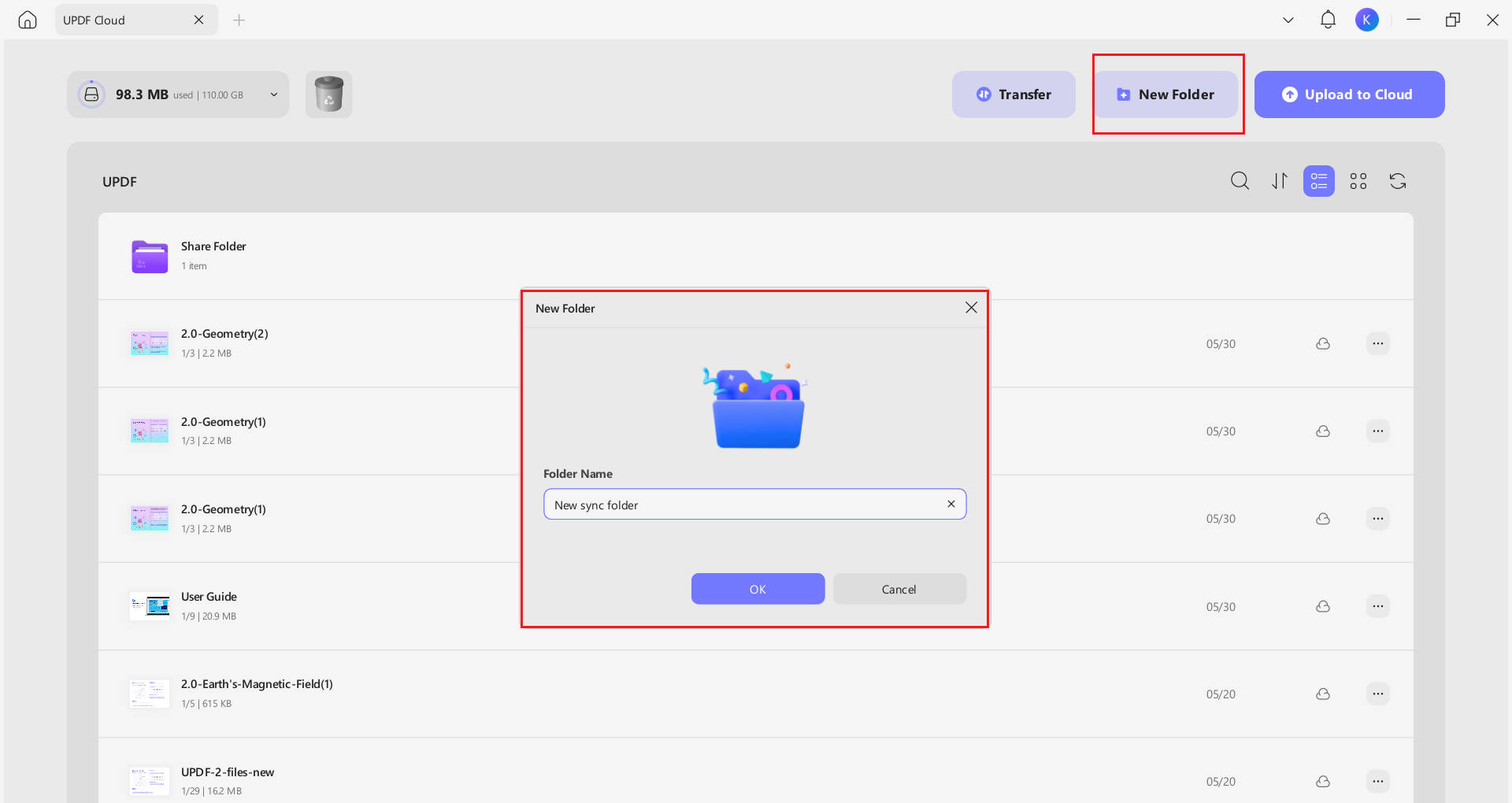 create new folder in updf cloud