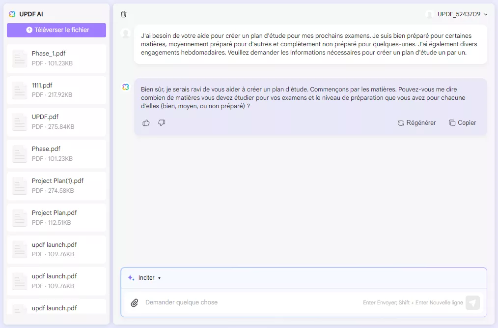Demandez à l'IA de l'UPDF un plan d'étude