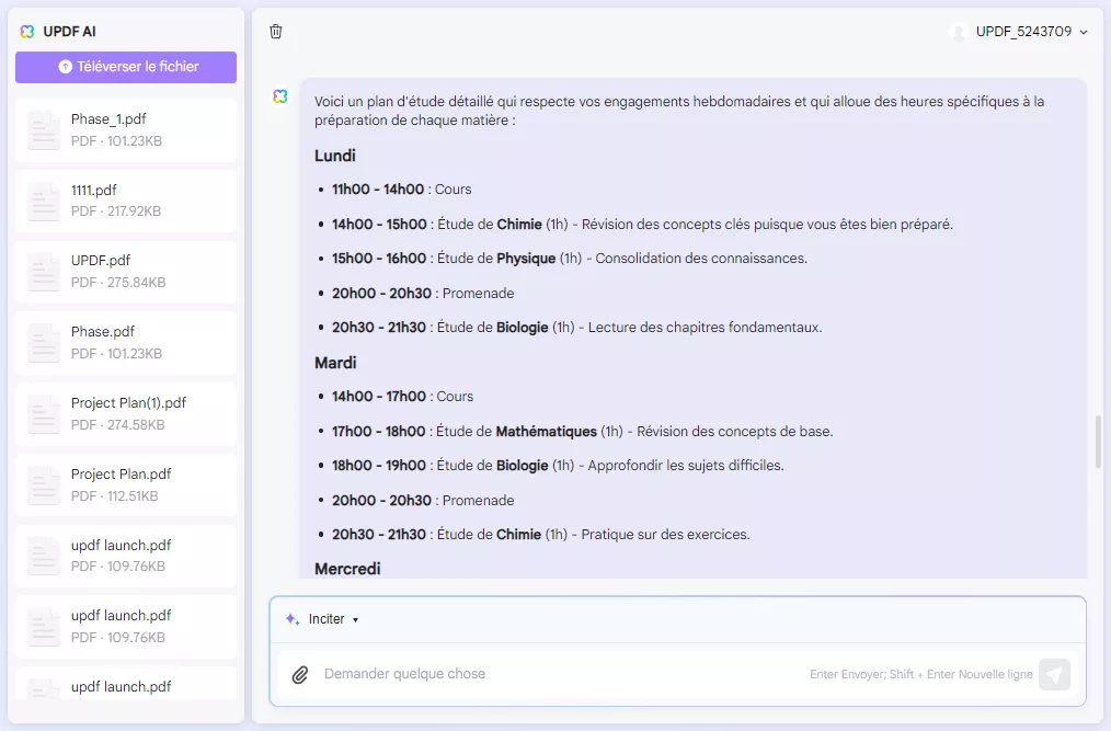 spécifiez le programme hebdomadaire avec l'assistant IA d'UPDF