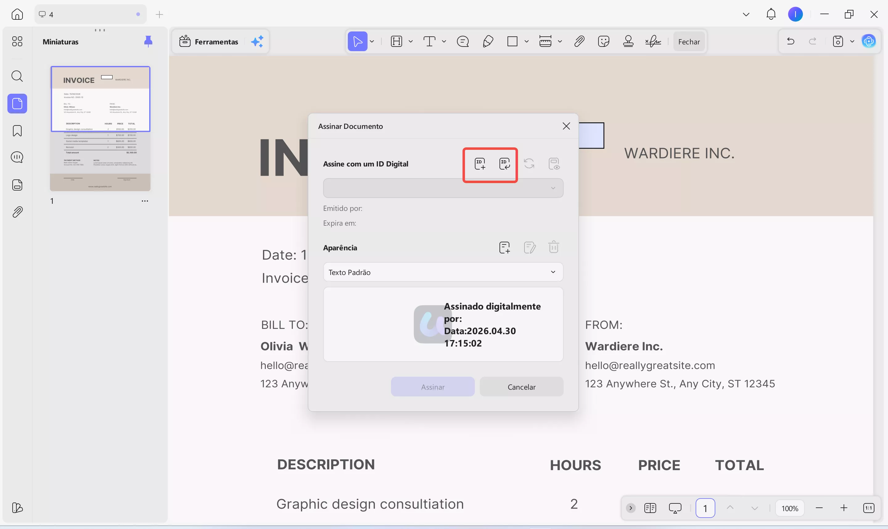 Adicionar uma assinatura digital