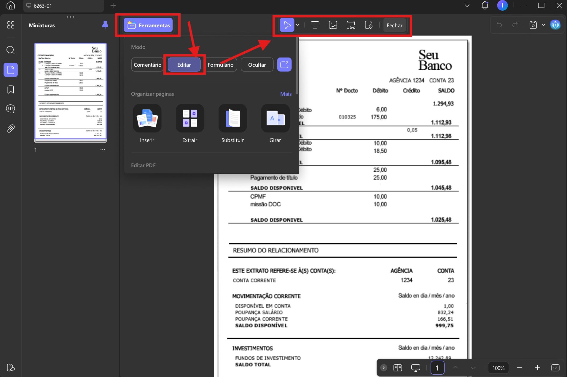 como editar extrato bancário 