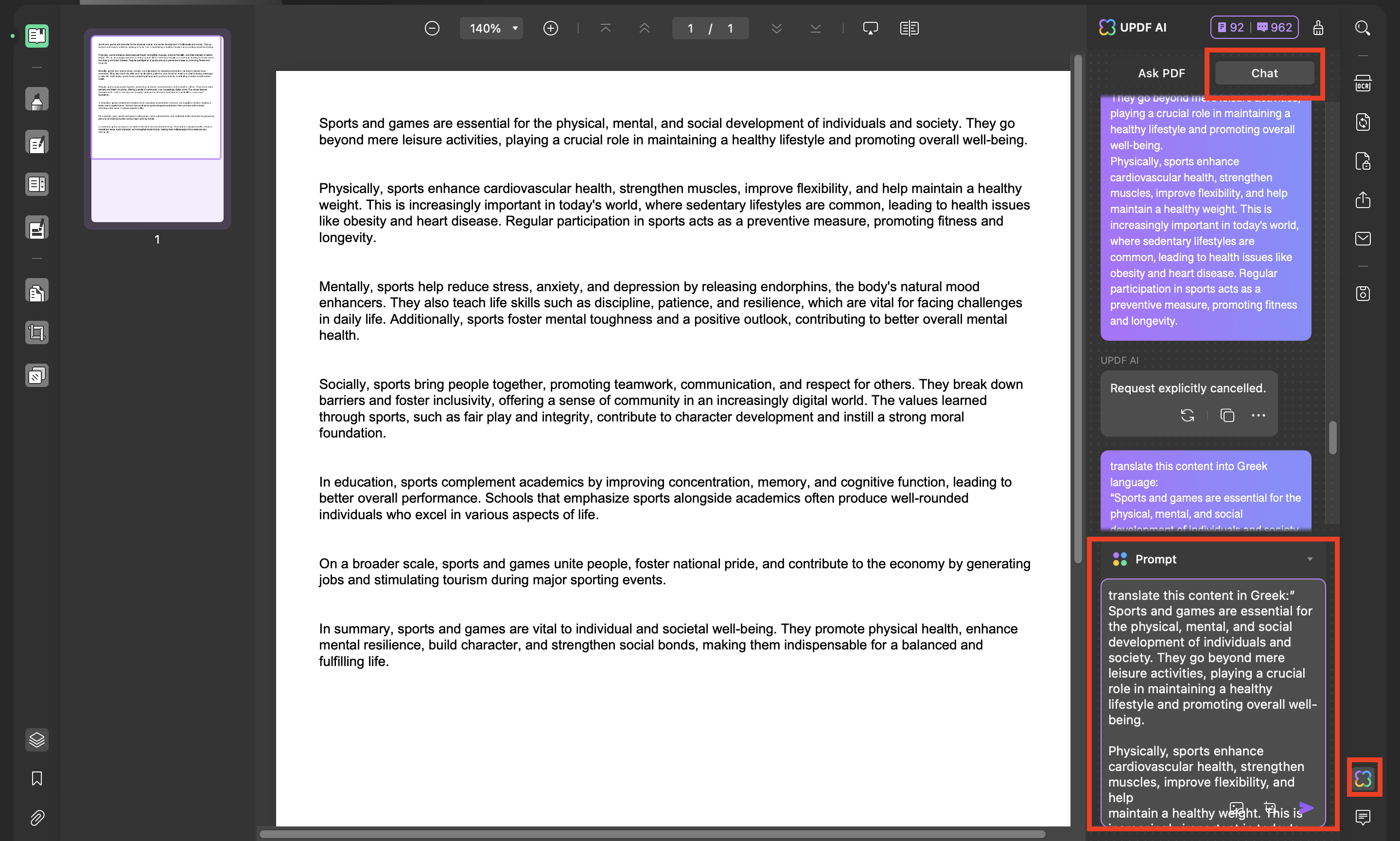 enter the prompt to translate the whole pdf to Greek with updf mac
