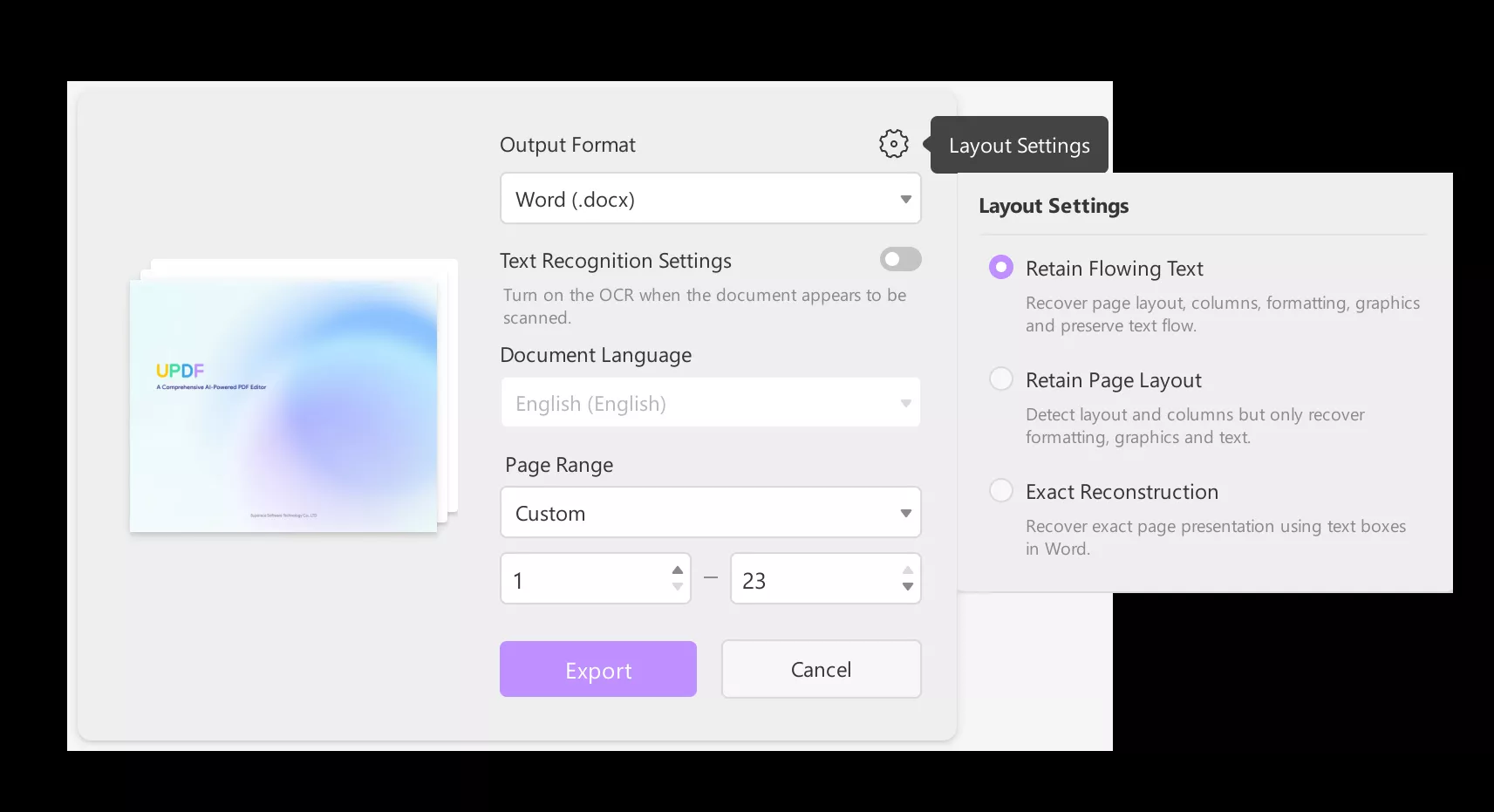 define export and layout settings