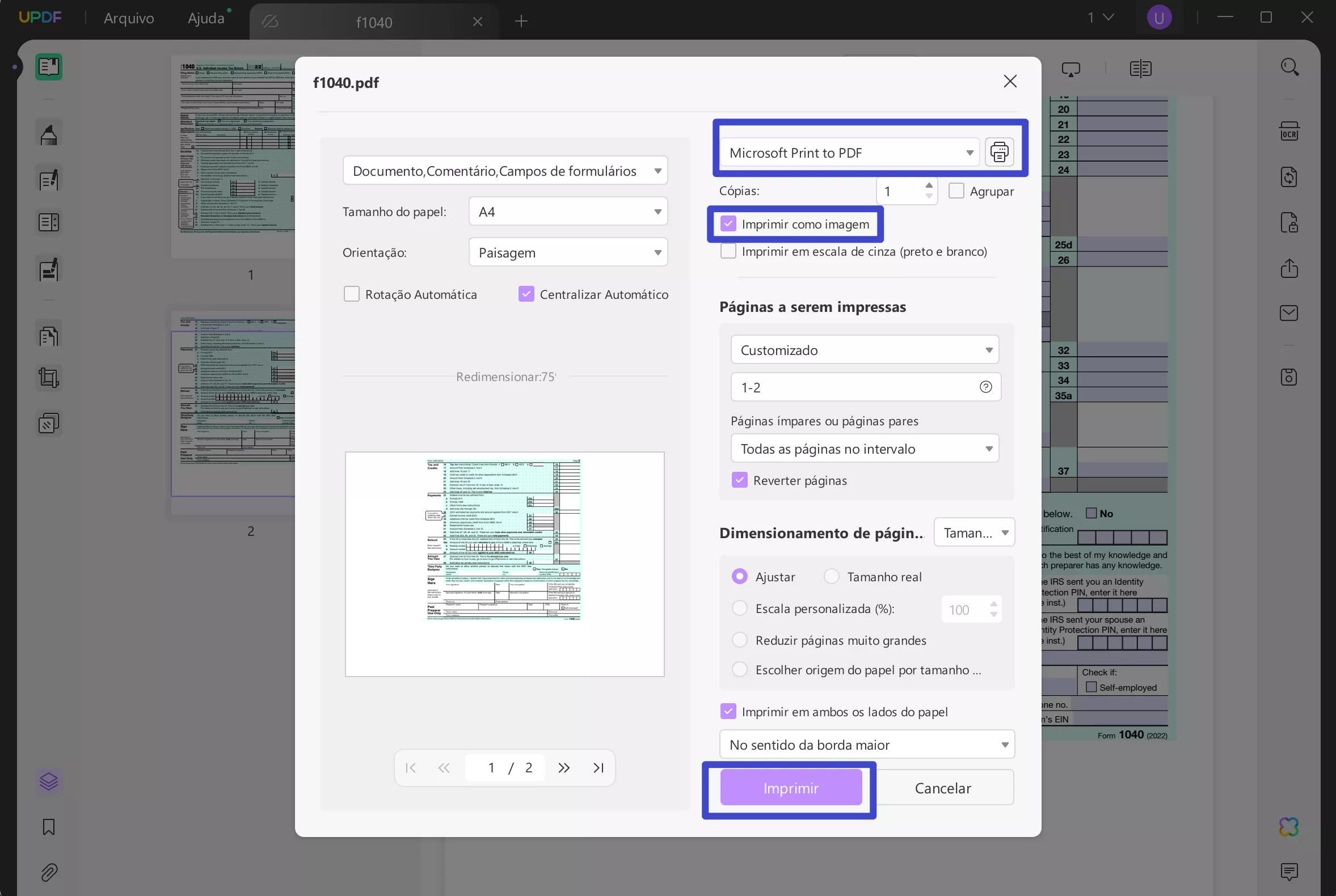 Imprima como imagem para converter formulário PDF preenchível em PDF normal com UPDF