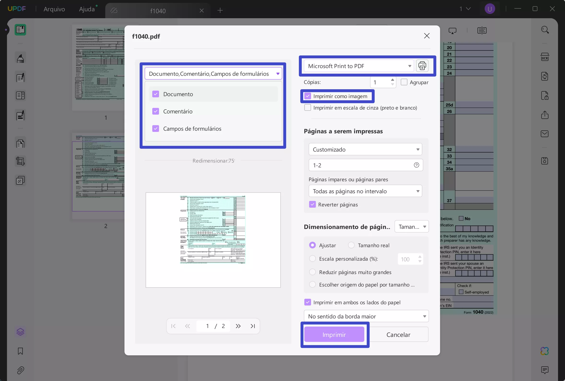 Personalize as configurações de impressão do UPDF para converter formulários PDF preenchíveis em PDF normal com o UPDF